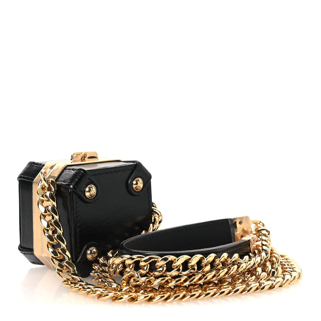 Shiny Crumpled Calfskin Minaudiere Clutch With Chain Black