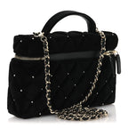 Velvet Diamanté Quilted Top Handle Slim Vanity Case With Chain Black