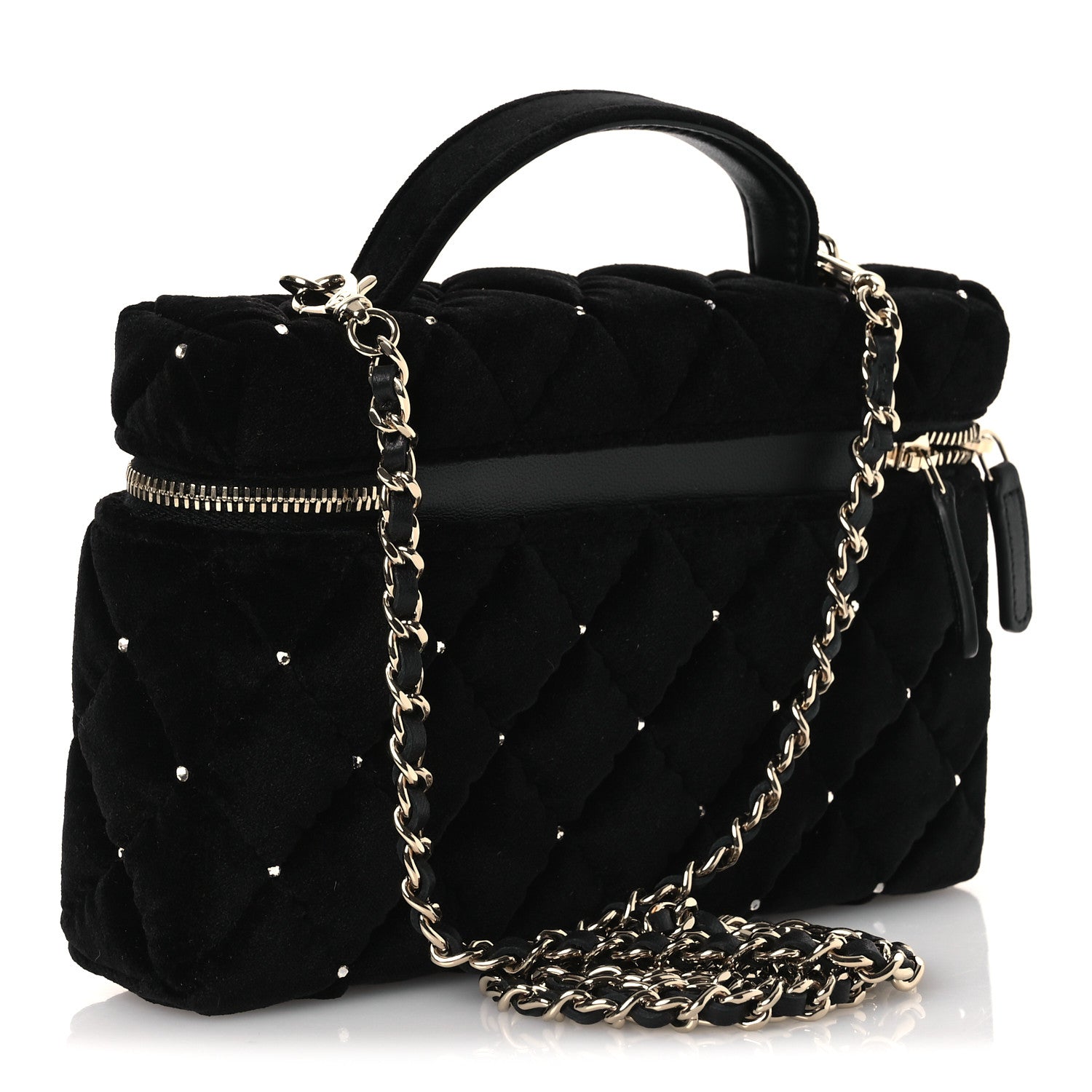 Velvet Diamanté Quilted Top Handle Slim Vanity Case With Chain Black
