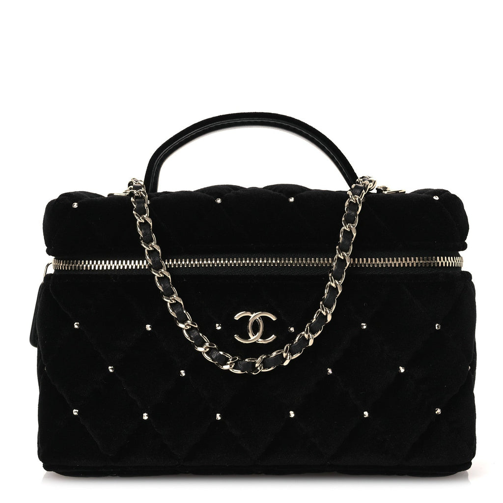 Velvet Diamanté Quilted Top Handle Slim Vanity Case With Chain Black