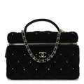 Velvet Diamanté Quilted Top Handle Slim Vanity Case With Chain Black
