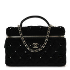 Velvet Diamanté Quilted Top Handle Slim Vanity Case With Chain Black
