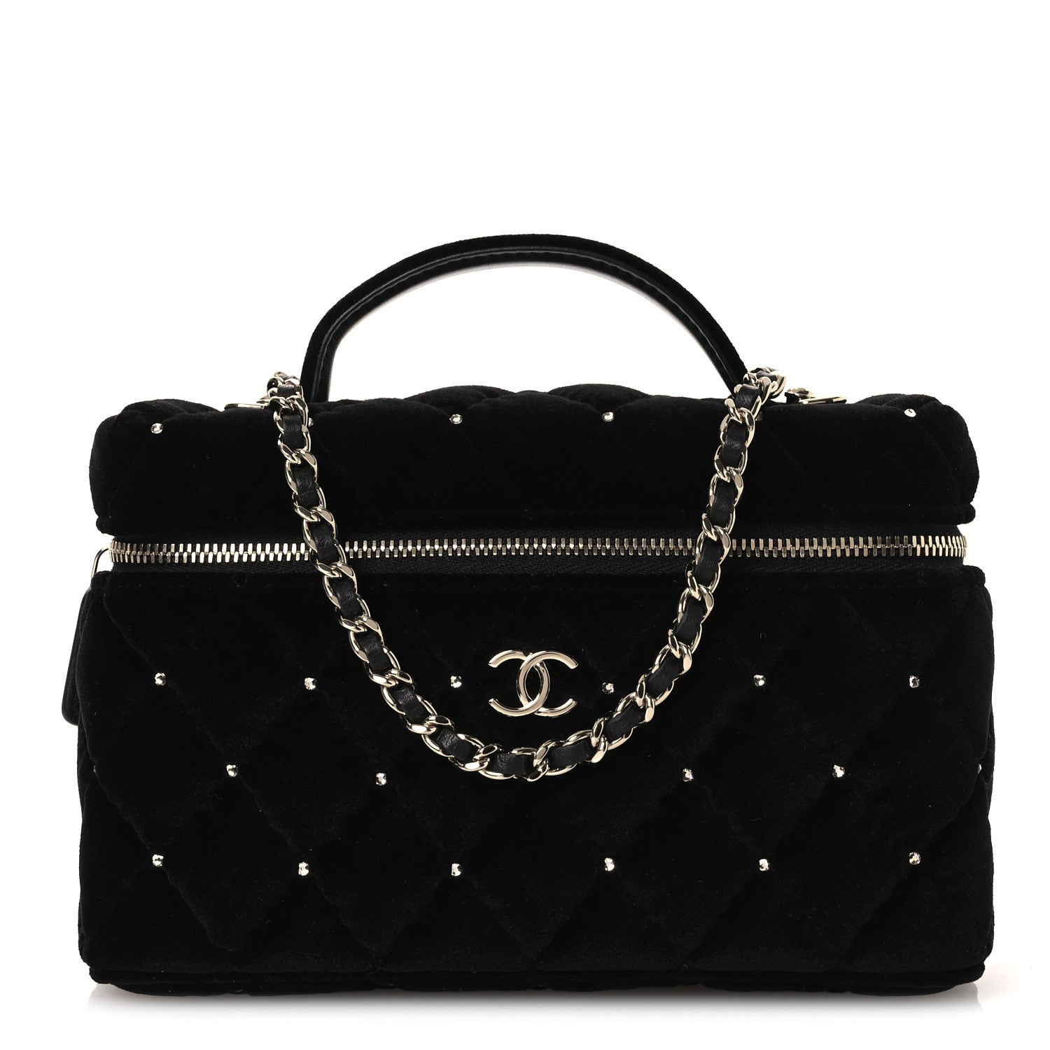 Velvet Diamanté Quilted Top Handle Slim Vanity Case With Chain Black