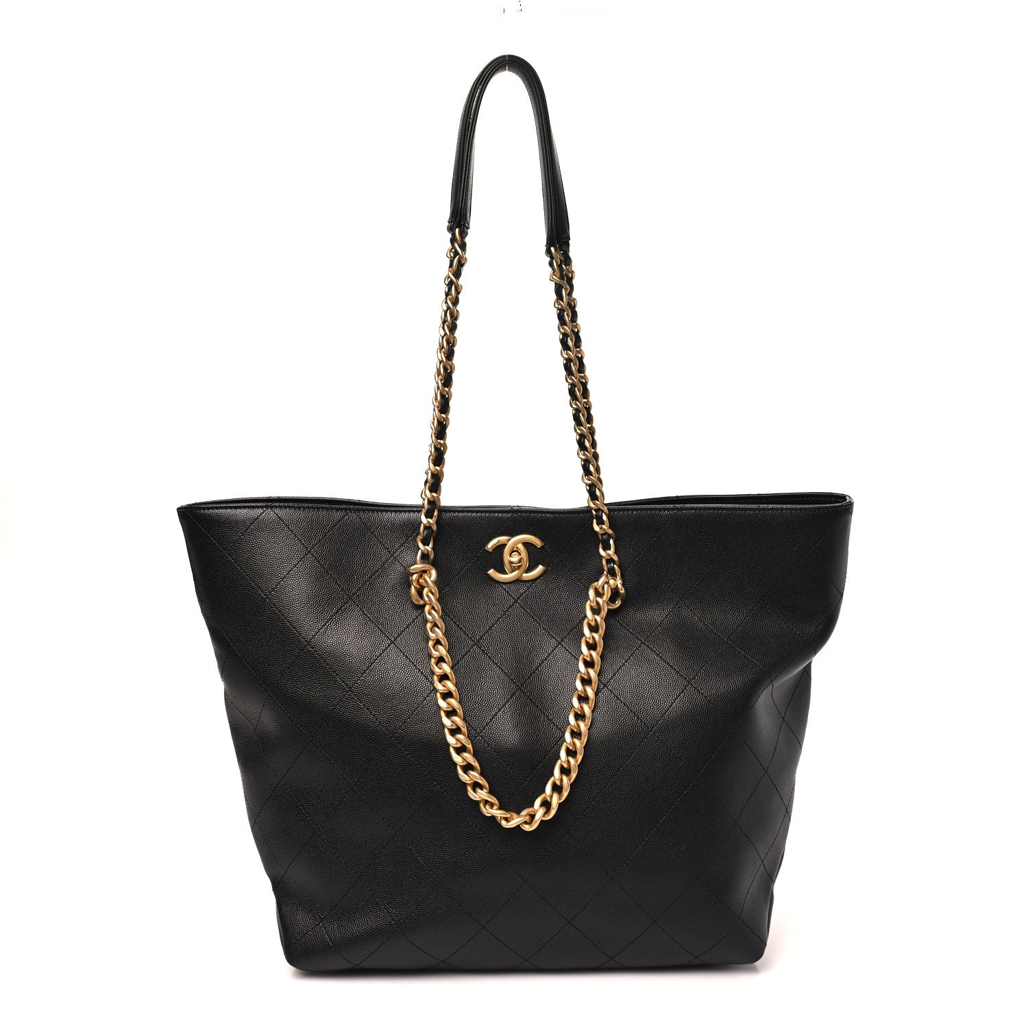 Shiny Caviar Stitched Softly Quilted Tote Black
