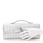 Metallic Lambskin Intrecciato Long Andiamo Top Handle Clutch Silver
