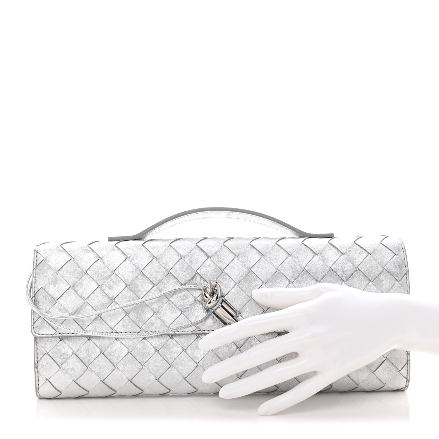 Metallic Lambskin Intrecciato Long Andiamo Top Handle Clutch Silver