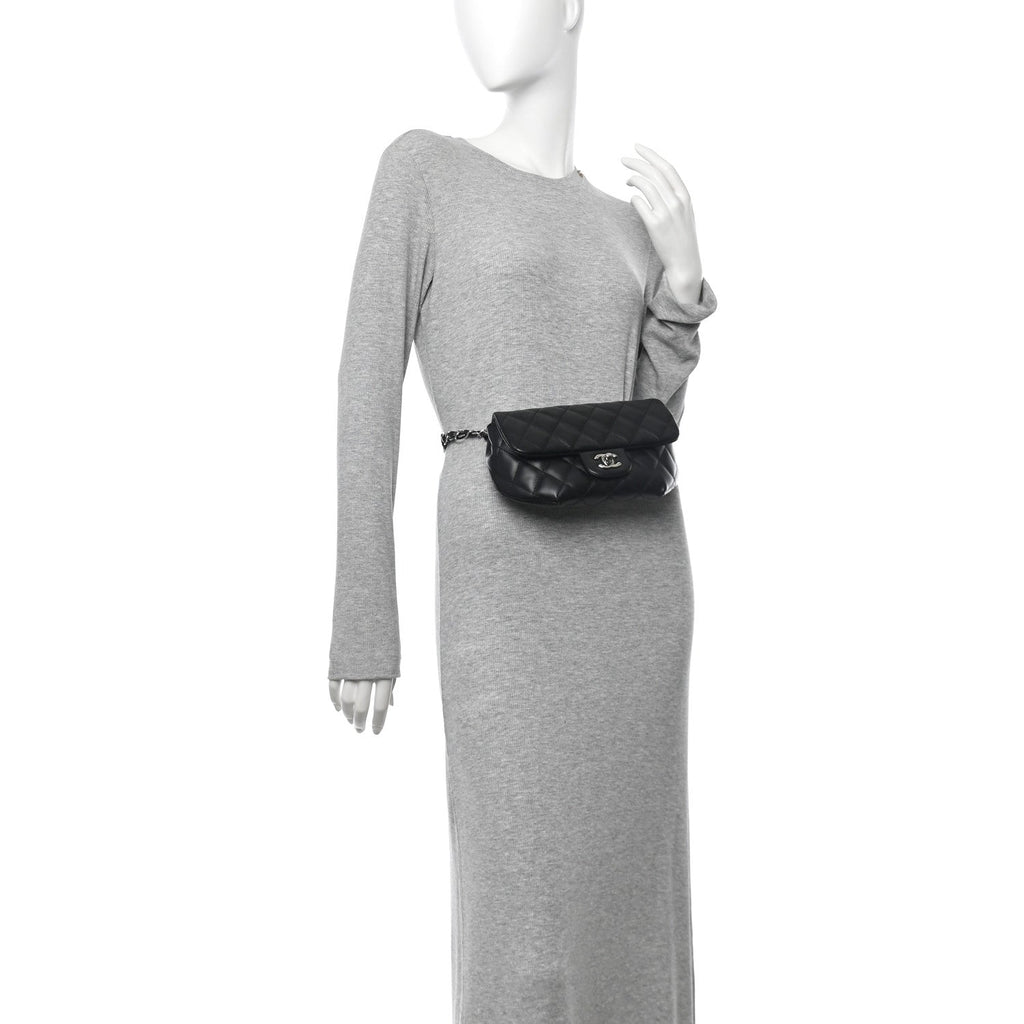 Calfskin Quilted CC Uniform Flap Belt Bag Black