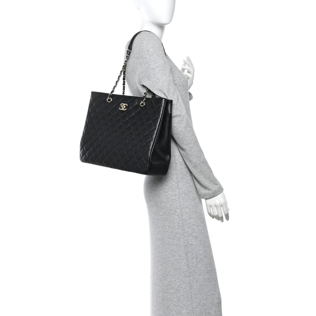 Caviar Quilted Large Shopping Tote Black