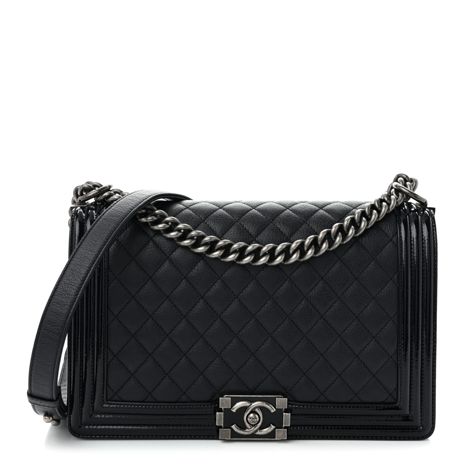 Goatskin Quilted Patent New Medium Duo Boy Flap Black