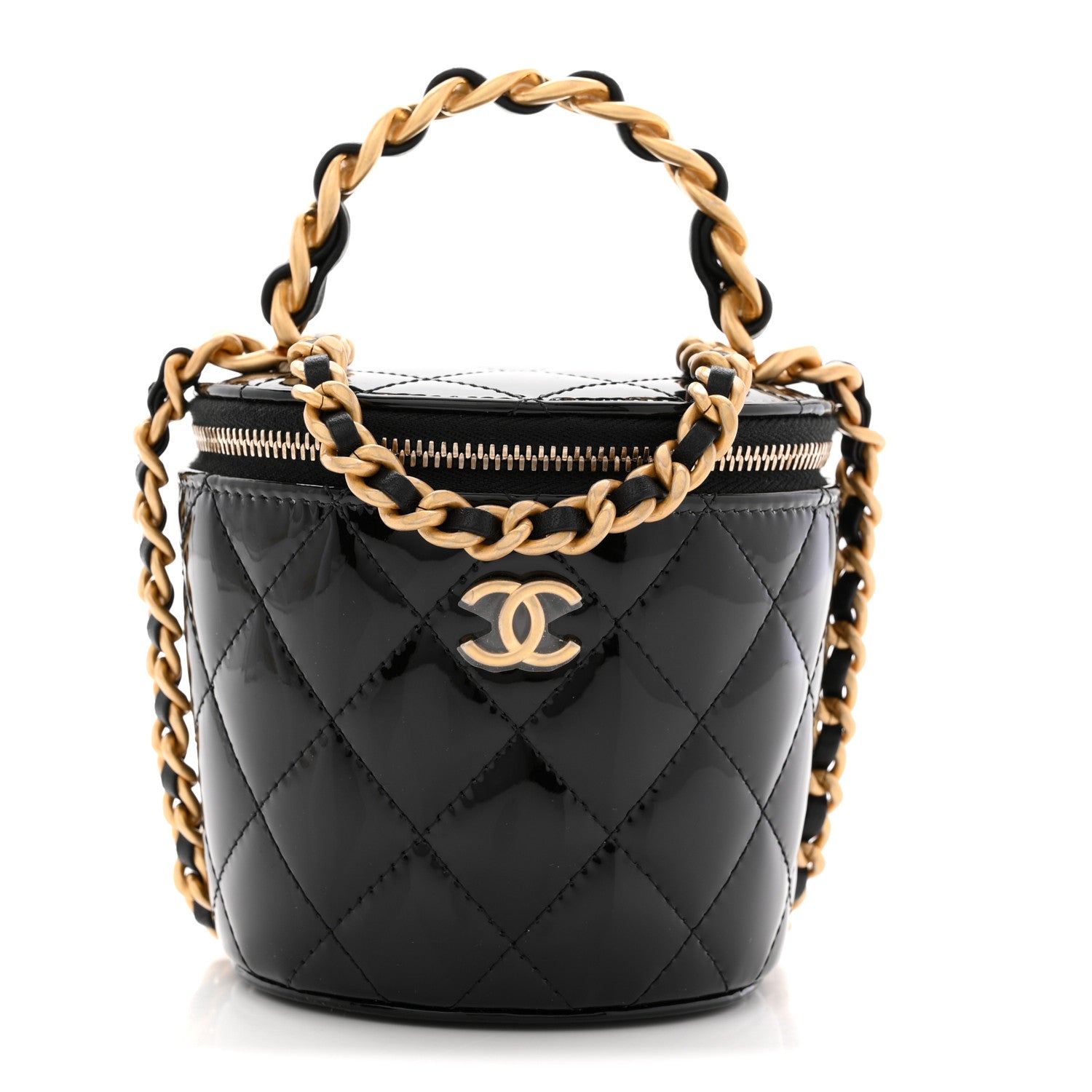 Patent Quilted Afternoon Tea Top Handle Vanity Case With Chain Black