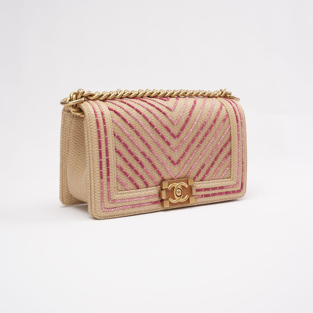Chanel Medium Boy Flap Chevron Raffia & Leather Pink 2018