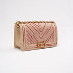 Chanel Medium Boy Flap Chevron Raffia & Leather Pink 2018