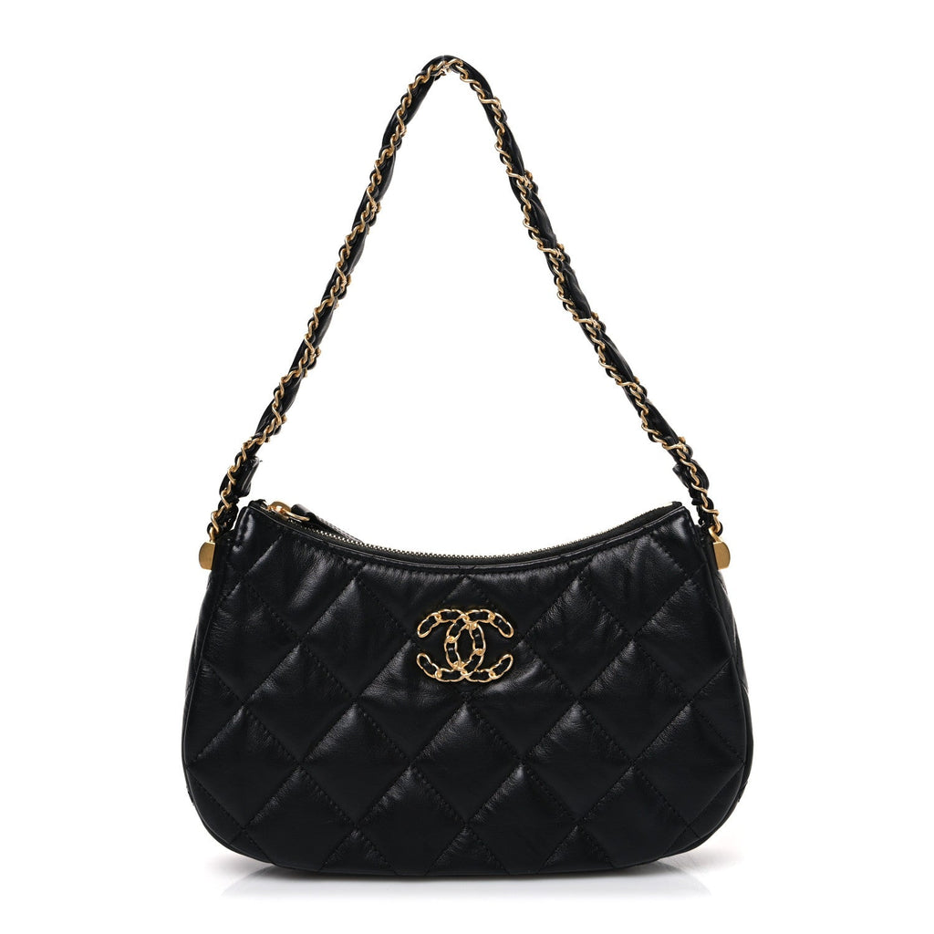 Crumpled Calfskin Quilted Braided CC Small Hobo Black