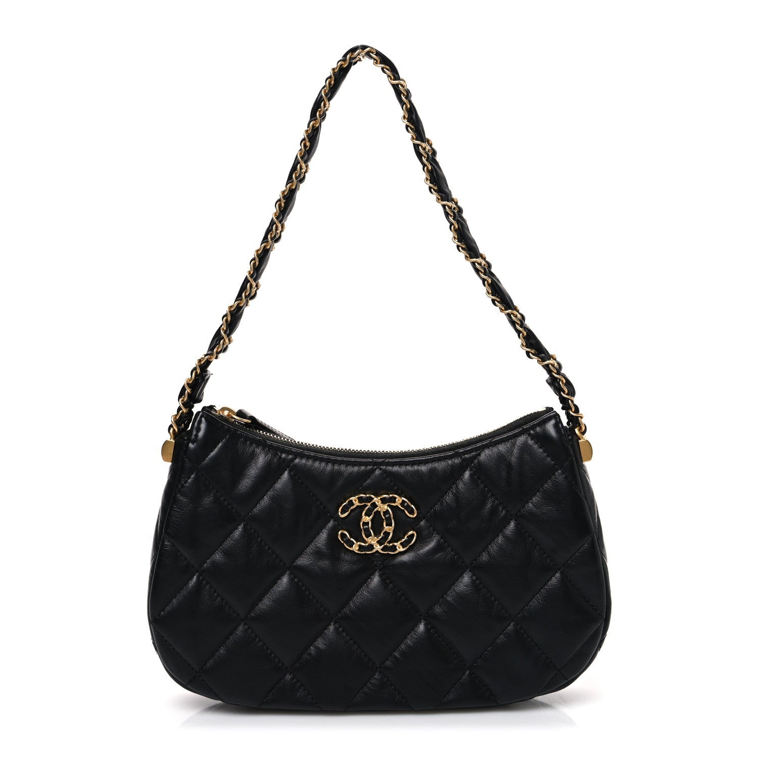 Crumpled Calfskin Quilted Braided CC Small Hobo Black