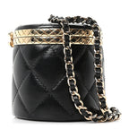 Metal Lambskin Quilted Mini Lock Frame Vanity Clutch Black