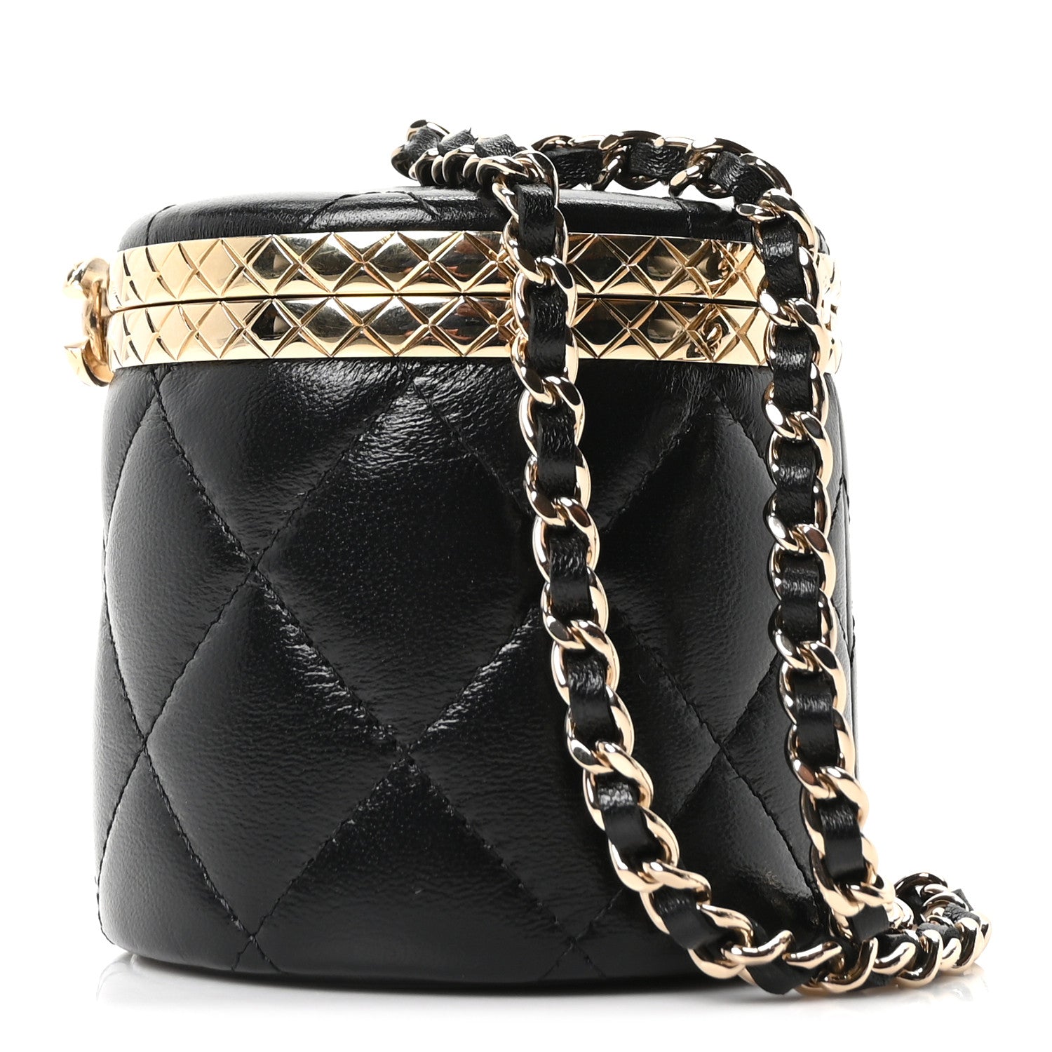 Metal Lambskin Quilted Mini Lock Frame Vanity Clutch Black