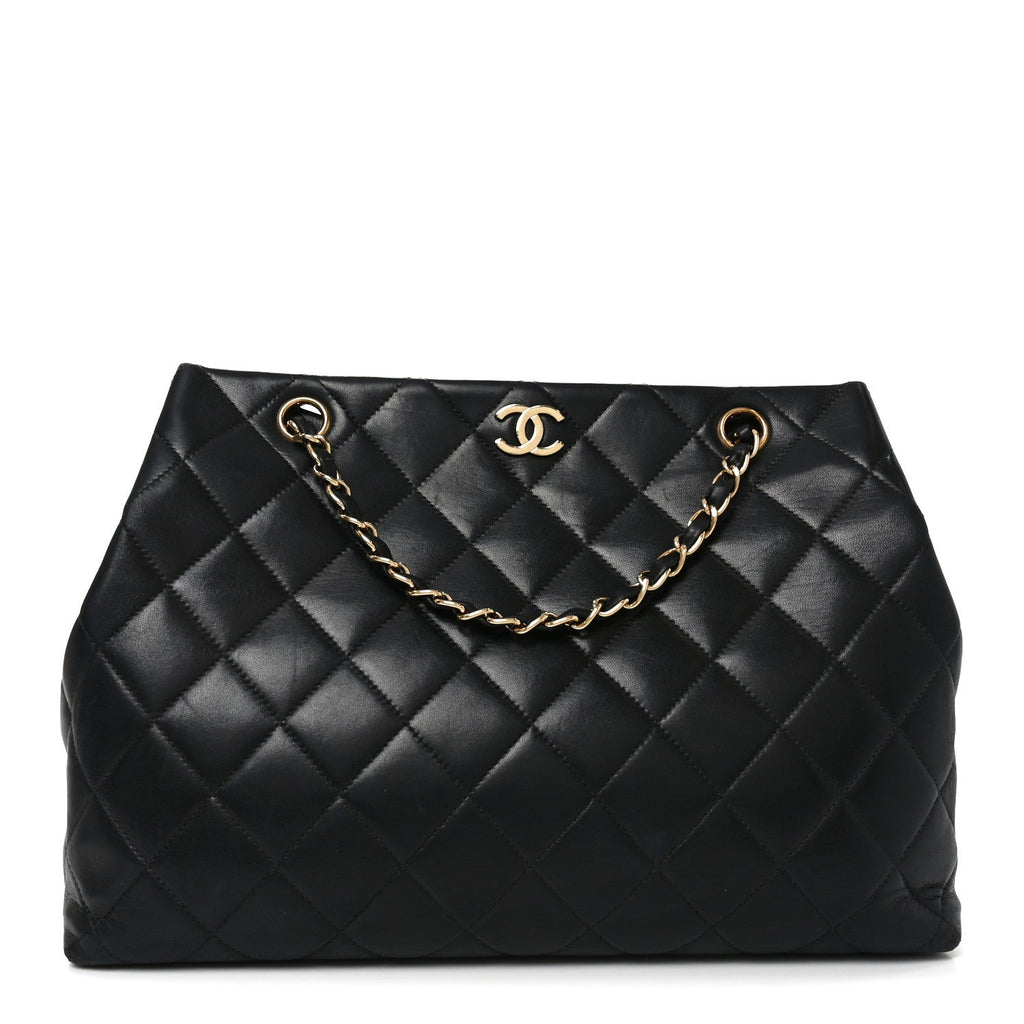 Lambskin Quilted Small Shopping Tote Black