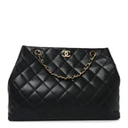 Lambskin Quilted Small Shopping Tote Black