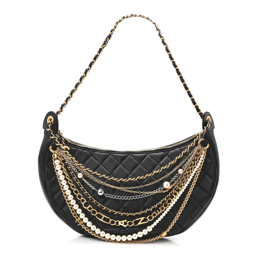 Lambskin Quilted All About Chains Hobo Black
