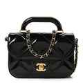 Metallic Mirror Calfskin Mini Top Handle Clutch With Chain  Black