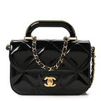 Metallic Mirror Calfskin Mini Top Handle Clutch With Chain  Black