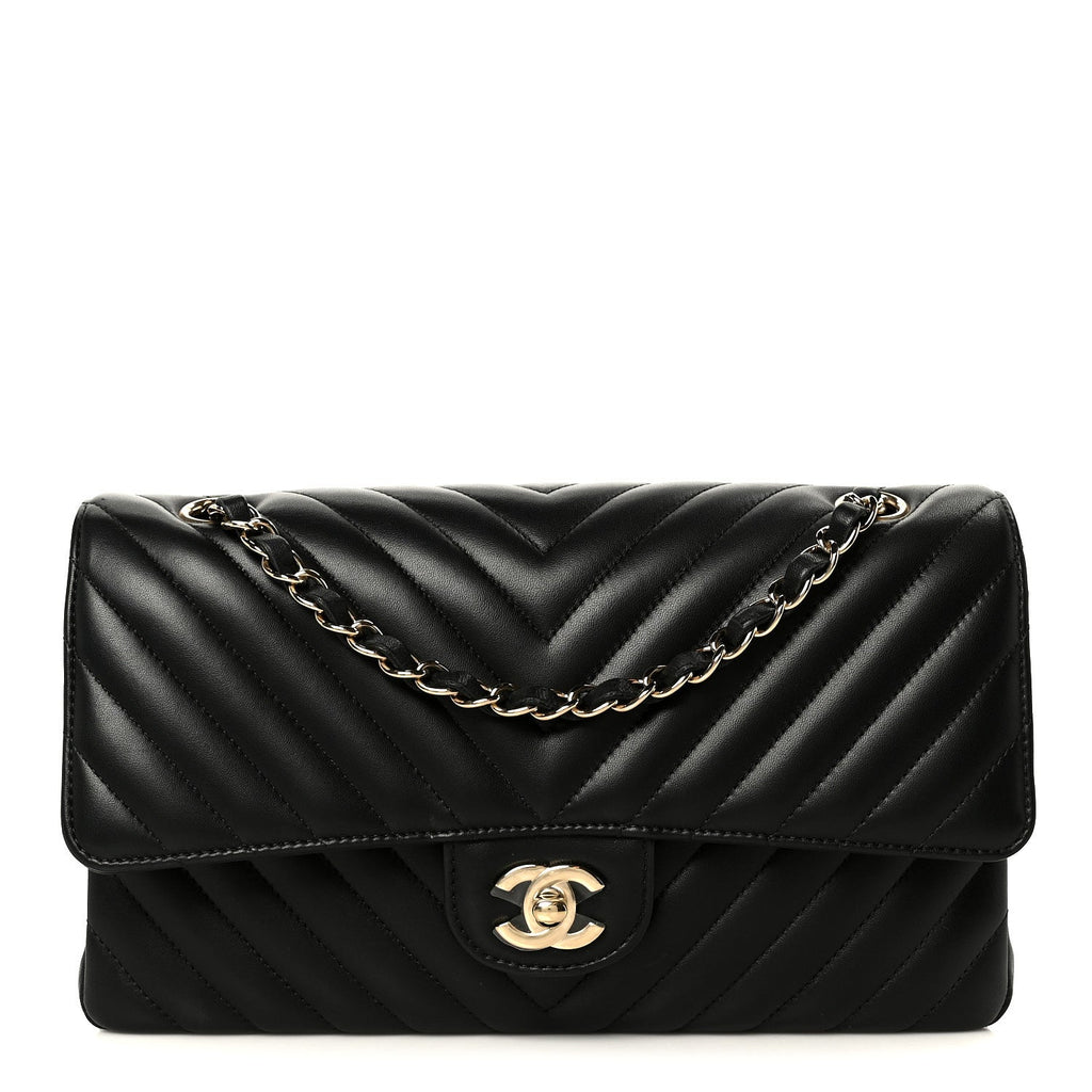 Lambskin Chevron Quilted Medium Double Flap Black