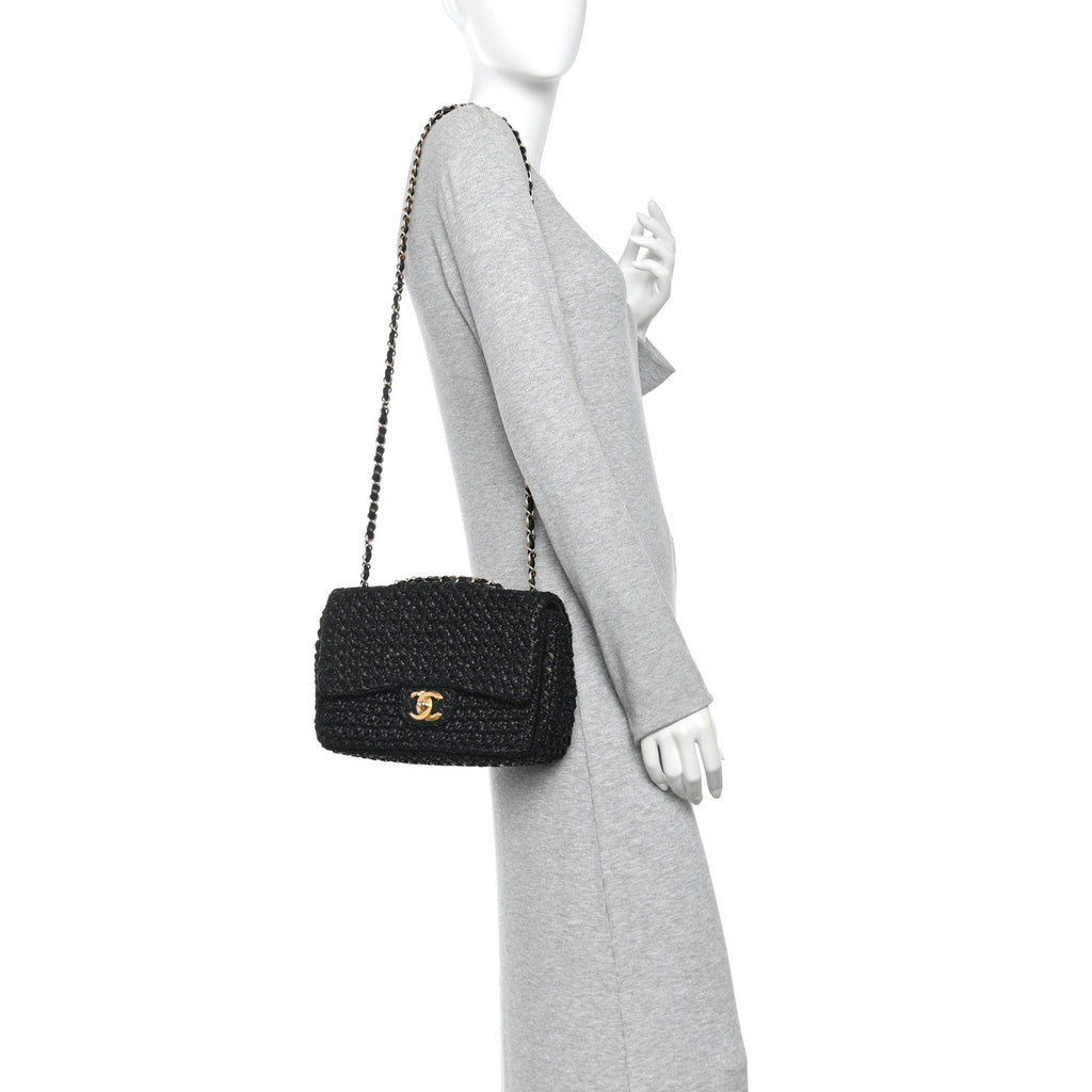 Raffia Crochet Paris Greece Medium Flap Bag Black