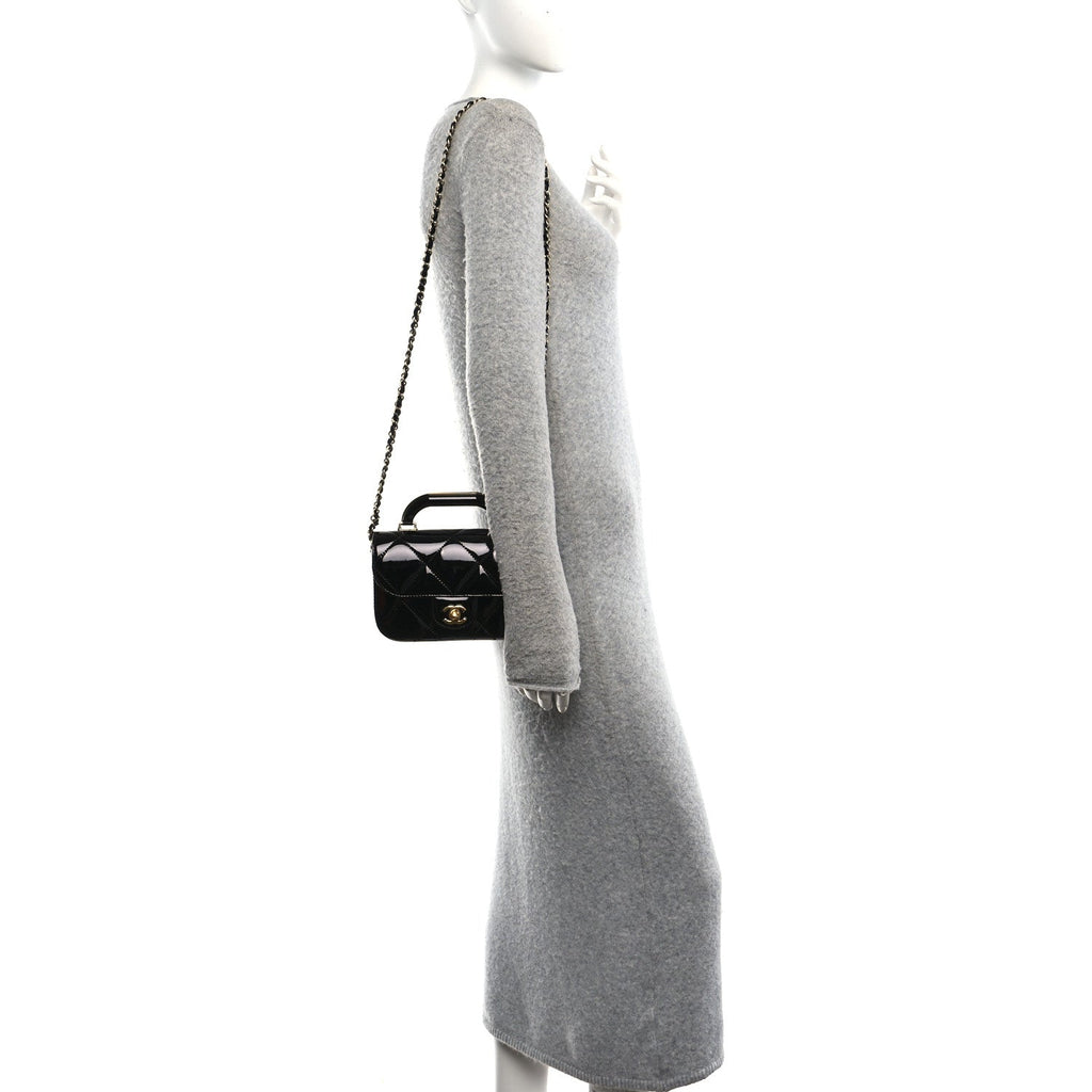 Metallic Mirror Calfskin Mini Top Handle Clutch With Chain  Black
