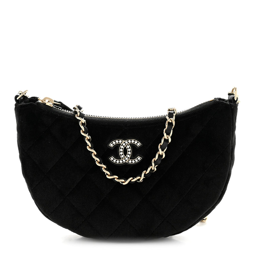 Velvet Crystal Quilted Chain Hobo Black