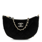 Velvet Crystal Quilted Chain Hobo Black