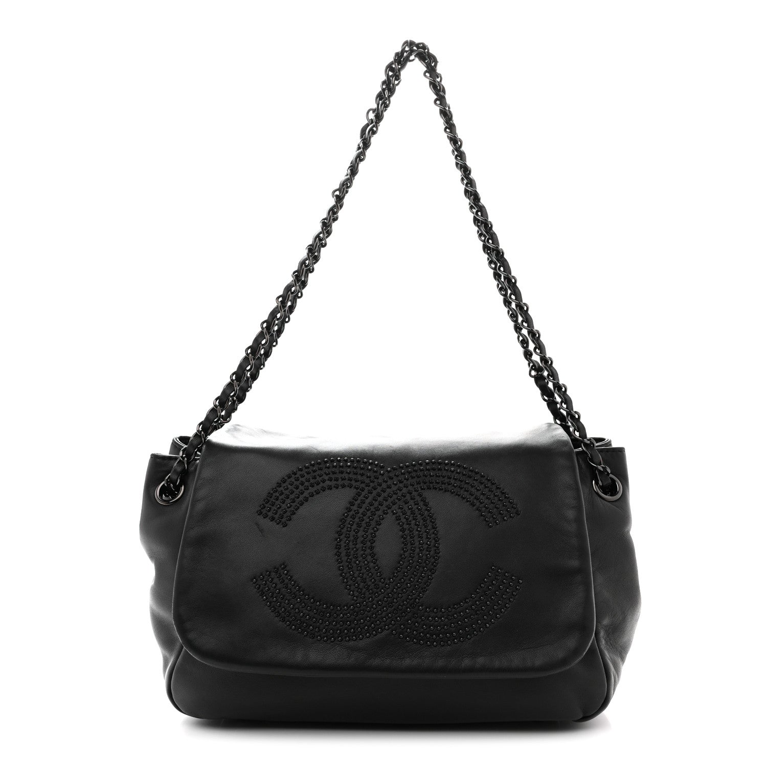 Lambskin Studded Accordion CC Flap Black