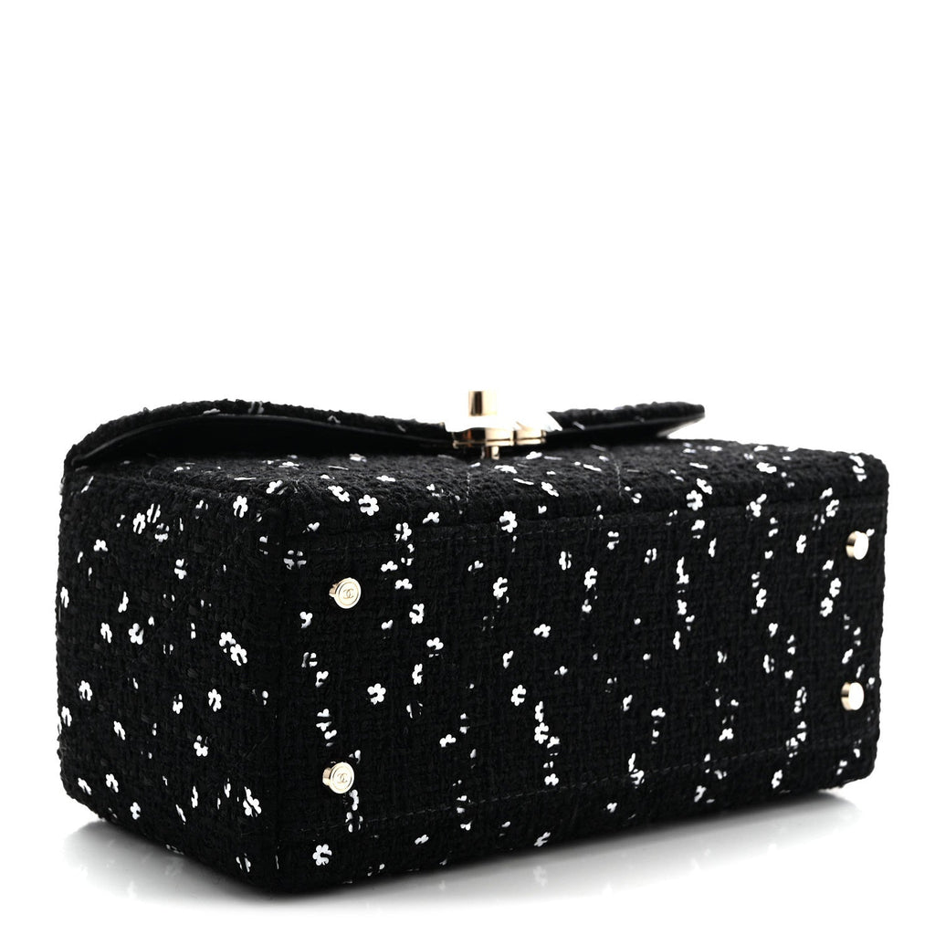 Tweed Sequin Quilted Top Handle Box Bag Black