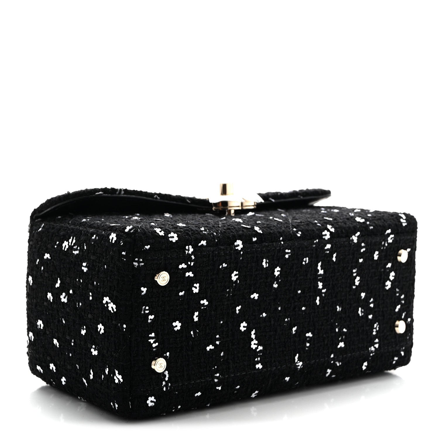 Tweed Sequin Quilted Top Handle Box Bag Black