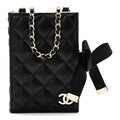 Lambskin Quilted Book Card Holder on Chain Black