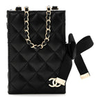 Lambskin Quilted Book Card Holder on Chain Black
