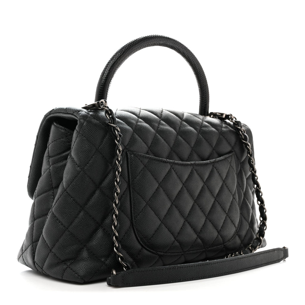 Caviar Lizard Embossed Quilted Small Coco Handle Flap Black