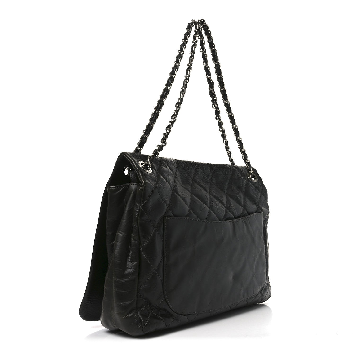 Glazed Calfskin Quilted CC XL Single Flap Black