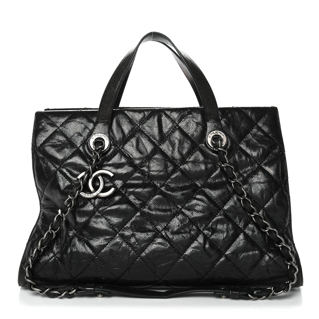 Crumpled Grained Calfskin Quilted CC Crave Tote Black