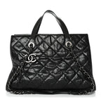 Crumpled Grained Calfskin Quilted CC Crave Tote Black