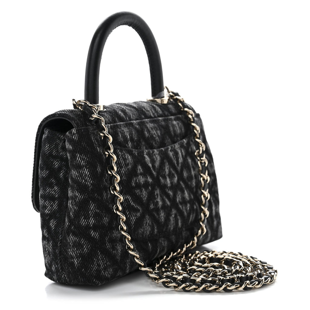 Washed Denim Quilted Coco Handle Clutch With Chain Black