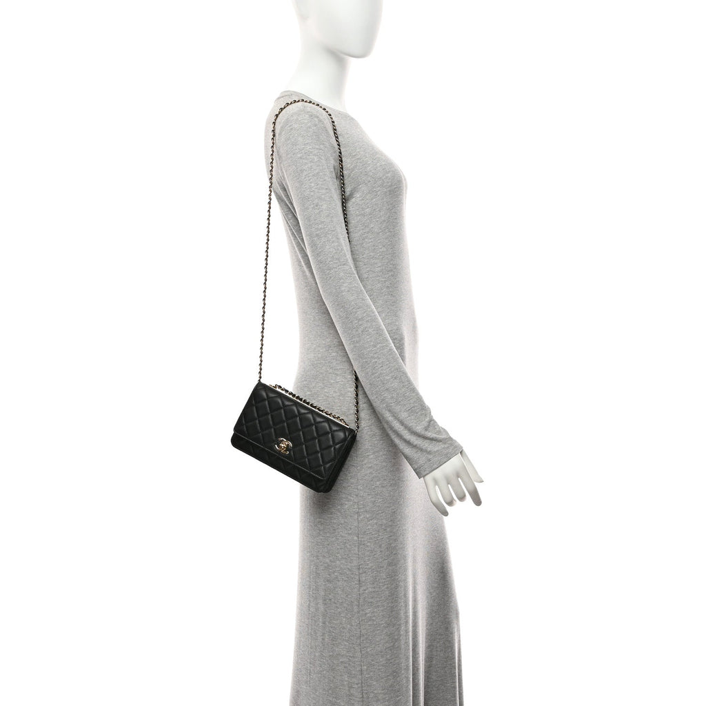 Lambskin Quilted Trendy CC Wallet On Chain WOC Black