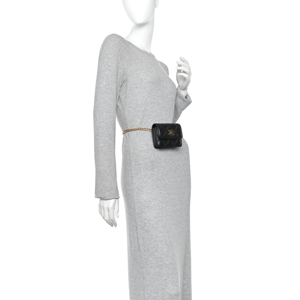 Lambskin Enamel Quilted Pending CC Flap Belt Bag Black