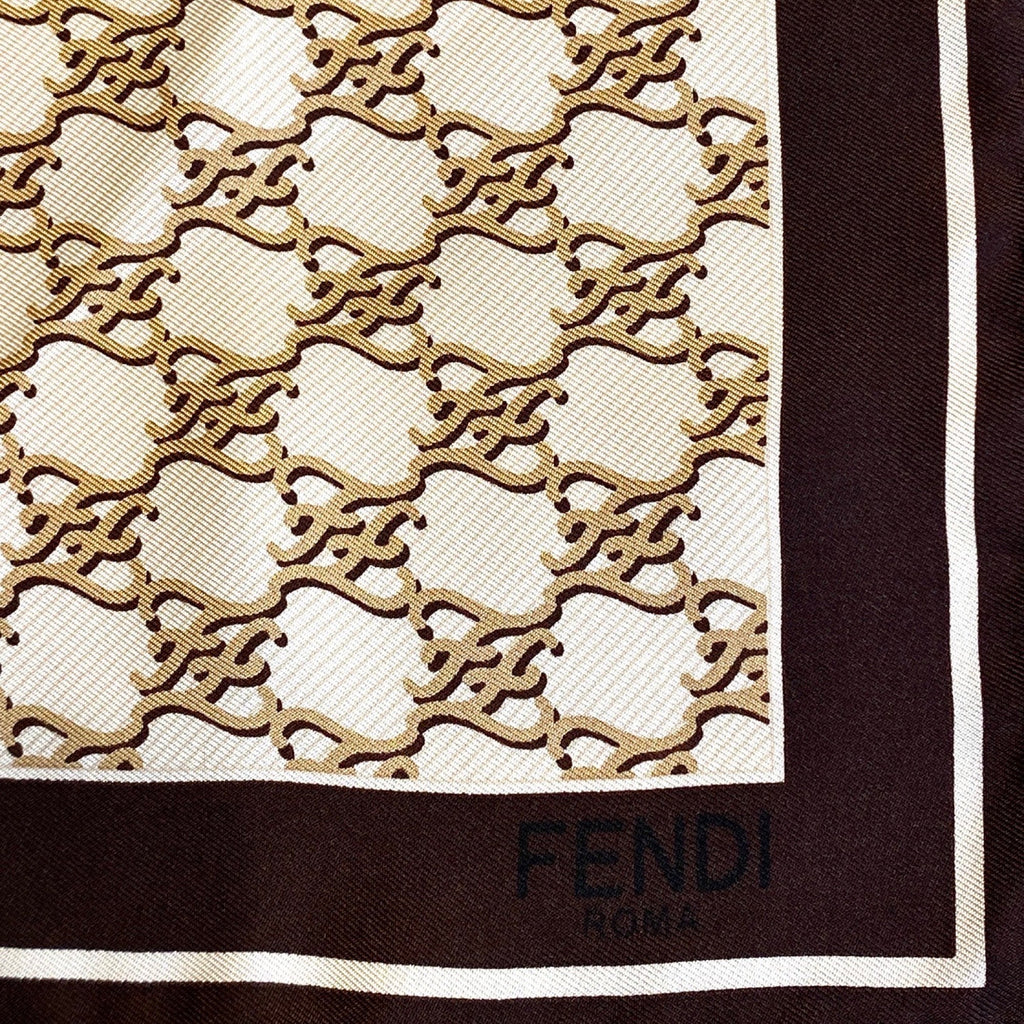 Fendi FF Karligraphy Print Brown and Ivory Silk Scarf 33 cm