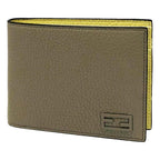 Fendi FF Logo Plaque Tartufo Gray Pebbled Calf Leather Bifold Wallet
