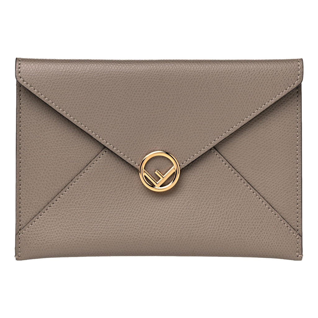 Fendi F is Fendi Gray Pebbled Leather Flat Pouch Clutch Bag