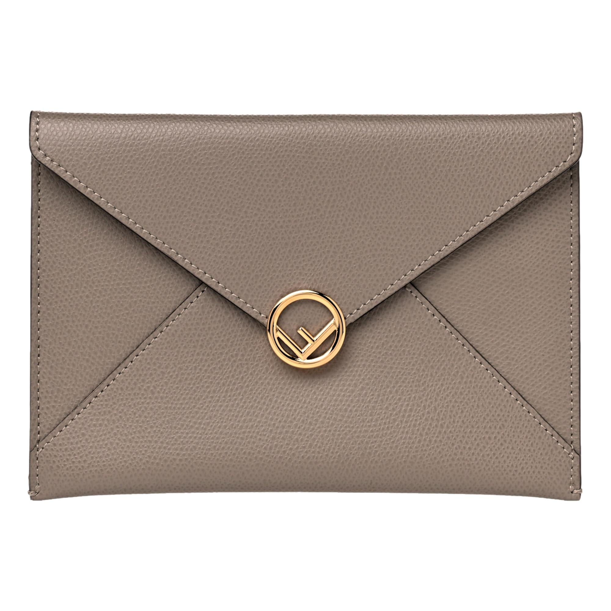 Fendi F is Fendi Gray Pebbled Leather Flat Pouch Clutch Bag