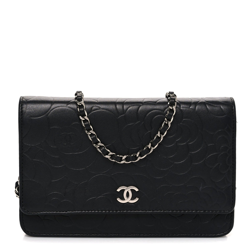 Lambskin Camellia Embossed Wallet on Chain WOC Black