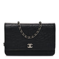 Lambskin Camellia Embossed Wallet on Chain WOC Black