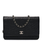 Lambskin Camellia Embossed Wallet on Chain WOC Black