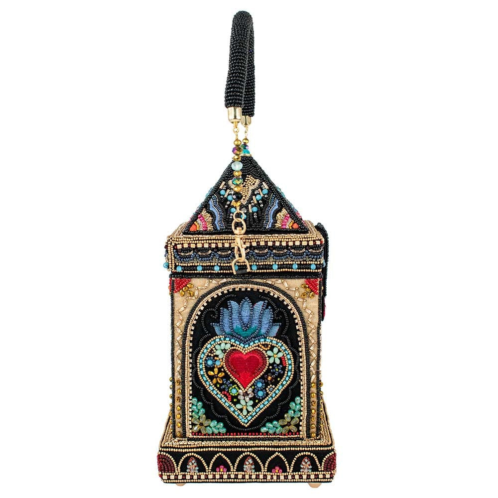Mary Frances House of Hearts Beaded Red Heart Handbag Black Gold Bag Purse NEW